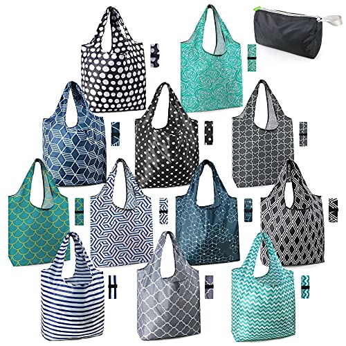 BeeGreen Reusable Grocery Bags Lightweight Durable Shopping Bags Washable Foldable 12 Pack Xlarge Classic Geometric Design Gift Tote Grocery Bags with Elastic Band and Separated Zipper Storage Pouch - color: Black Navy Teal Royal Grey White Blue Moss