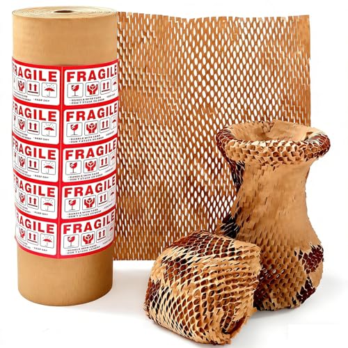 Honeycomb Packing Paper 15" x 400' for Moving Glass Dishes Recyclable Wrapping Paper Bubble Wrap Packing Material for Shipping Fragile Items with 20 Fragile Stickers - size: 15" x 400 Ft