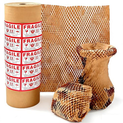 Honeycomb Packing Paper 15" x 400' for Moving Glass Dishes Recyclable Wrapping Paper Bubble Wrap Packing Material for Shipping Fragile Items with 20 Fragile Stickers - size: 15" x 400 Ft