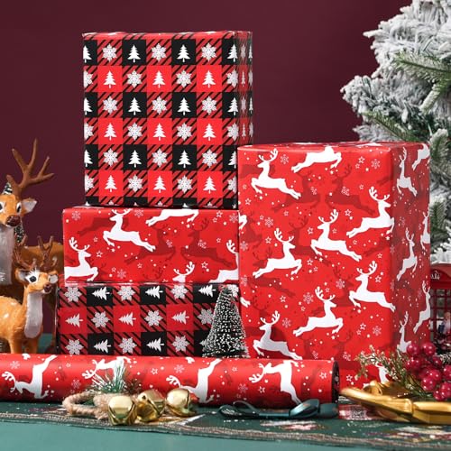 Ulmasinn Reversible Christmas Wrapping Paper - 17" x33ft Double Sided, Red Nordic Reindeer & Snowflake, Heavy Duty & Wrinkle-Free, Xmas Gift Wrap for Presents - color: Christmas Red Reindeer
