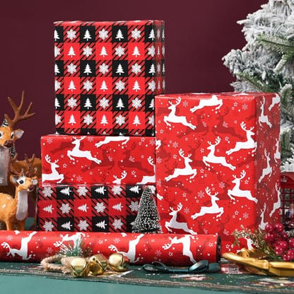 Ulmasinn Reversible Christmas Wrapping Paper - 17" x33ft Double Sided, Red Nordic Reindeer & Snowflake, Heavy Duty & Wrinkle-Free, Xmas Gift Wrap for Presents - color: Christmas Red Reindeer