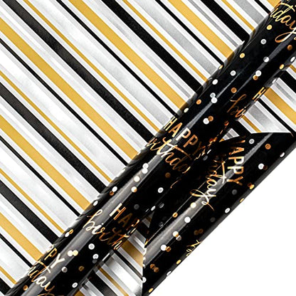 LeZakaa Reversible Black Birthday Wrapping Paper Roll for Boys Men, Happy Birthday Lettering & Stripe Pattern with Metallic Gold Foil in Black, Mini Roll, 17 inches x 32.8 Feet (46.45 sq.ft.) - color: Birthday - Gold Black, size: 17" X 32.8 ft