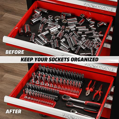 1/4-Inch & 3/8-Inch Drive Socket Organizer Trays, 4-Piece SAE and Metric Socket Tray Set, Deep and Standard Socket Holders Organizers for Toolbox, Black & Red - size: 1/4 & 3/8-Inch SAE and METRIC