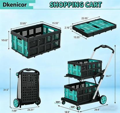 Collapsible Shopping Cart, 8-in-1 200LBS Multi Functional Utility Cart with 2 Storage Crate, Adjustable Handle Grocery Cart on Wheels for Shopping/Warehouse/Office/Supermarket - Blue