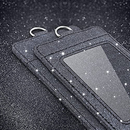 PU Leather ID Badge Holder, Life-Mate ID Badge Holder with 1 Clear ID Window 1 Credit Card Slot and PU Leather Lanyard for Badge Credit Cards College ID Cards in Glitter Black