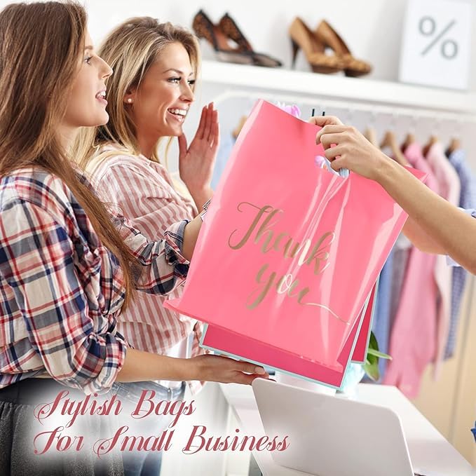 100 Pack Thank You Bags for Small Business, 8 x 12 Inch Plastic Shopping Bags with Handles (PINK, 18" X 14") - color: PINK