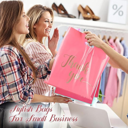 100 Pack Thank You Bags for Small Business, 8 x 12 Inch Plastic Shopping Bags with Handles (PINK, 18" X 14") - color: PINK