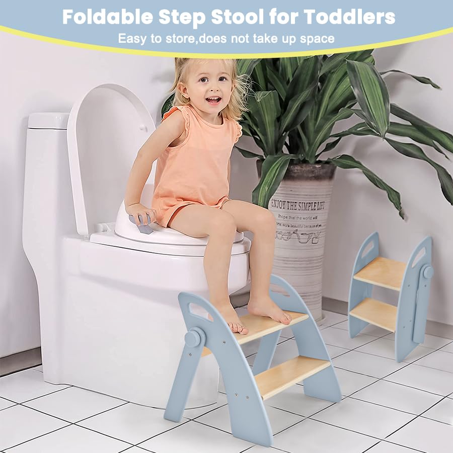 Wooden 2 Step Stool for Toddlers, Foldable 2-Step with Non-Slip Pads and Handles, Bamboo Step Stool for Kids Bathroom Sink and Potty Training, Kitchen Helper, Nursery Bedroom(Blue) - color: Blue