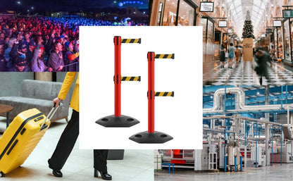Montour Line MSR650D Set of 2 Retractable Belt Barrier Stanchion, Heavy-Duty Rubber Base, Red Steel Post (14 ft Black Belt) - color: Black, size: Red Steel