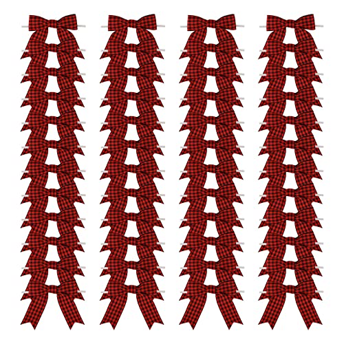 Meseey 50 Pcs 3 Inch Grosgrain Ribbon Twist Ties & Bows - Black & Red Buffalo Plaid Check Premade Craft Bows for Treat Bags & Gift Wrapping - Christmas Party - color: Red and black