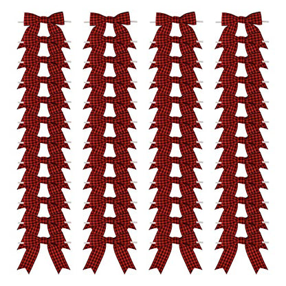 Meseey 50 Pcs 3 Inch Grosgrain Ribbon Twist Ties & Bows - Black & Red Buffalo Plaid Check Premade Craft Bows for Treat Bags & Gift Wrapping - Christmas Party - color: Red and black
