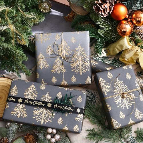 WRAPAHOLIC 3D Kraft Christmas Wrapping Paper Roll - Mini Roll - 17 Inch x 16.5 Feet - Gold and Dark Grey Christmas Tree Wrapping Paper with Embossed Perfect for Holiday, Party Celebration - color: Christmas Tree - Dark Grey & Gold, size: 17 inch x 16.5 fe