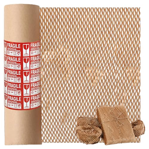 12 Inch x 230 Ft Honeycomb Kraft Packaging Paper Roll, Plastic Free Cushioning Packing Paper with Fragile Warning Labels, Recyclable Bubble Wrap Substitute for Household Moving & Business Shipping - color: Brown