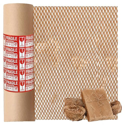 12 Inch x 230 Ft Honeycomb Kraft Packaging Paper Roll, Plastic Free Cushioning Packing Paper with Fragile Warning Labels, Recyclable Bubble Wrap Substitute for Household Moving & Business Shipping - color: Brown