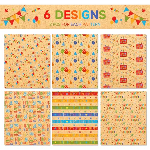 DodelyGz 12 Sheets Happy Birthday Wrapping Paper,Kraft Gift Wrap Paper For Birthdays & Baby Showers DIY Gift Packing Crafting,20 x 27 inches
