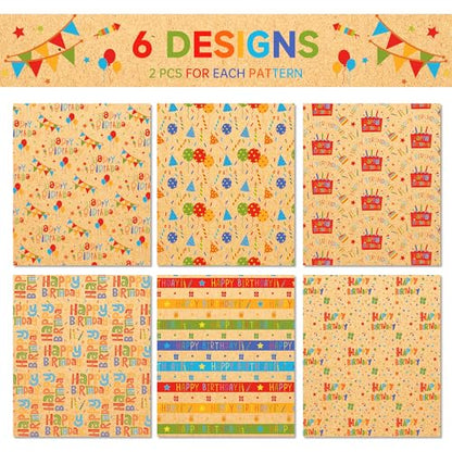 DodelyGz 12 Sheets Happy Birthday Wrapping Paper,Kraft Gift Wrap Paper For Birthdays & Baby Showers DIY Gift Packing Crafting,20 x 27 inches