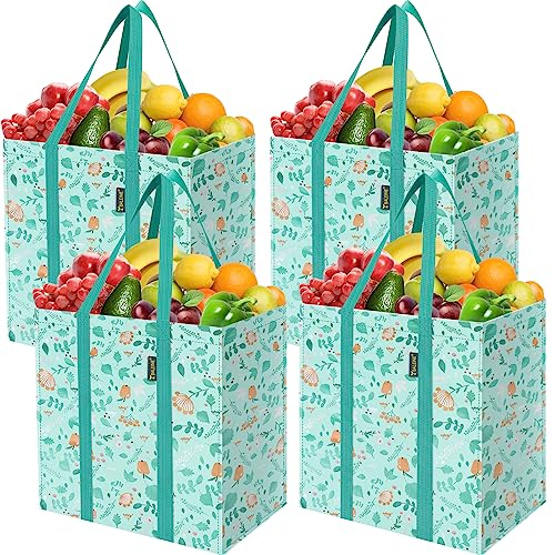 BALEINE 4 PK Grocery Bags Reusable Shopping Bags with Reinforced Bottom, Heavy Duty Foldable Tote Bags (Spring Stroll) - color: Spring Stroll, size: 4 PK