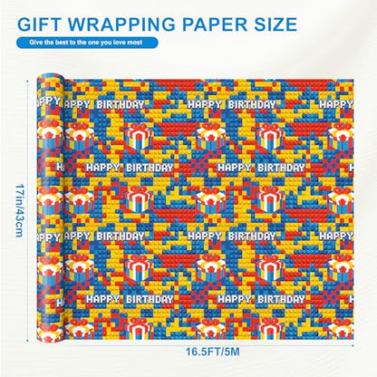 Sikiweiter Building Block Birthday Wrapping Paper Roll, 17 Inches x 16.5 Feet, Colorful Brick Pattern Gift Wrap with Happy Birthday Text and Present Box Design for Kids Birthday Party, Boys Girls Gifts, Party Supplies(Building Bricks Birthday) - color: Bu