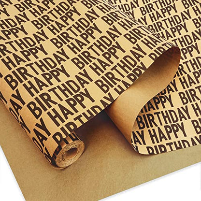 MAMUNU Birthday Wrapping Paper Roll, Black Kraft Happy Birthday Wrapping Paper Jumbo Roll, Brown and Black Kraft Gift Wrap Set for Boys Men Women Girls, 17x590 inch (70 sq. ft.) - color: Black