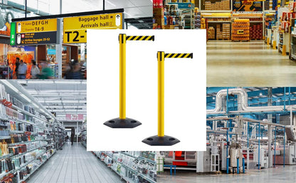 Montour Line MSR650 Set of 2 Retractable Belt Barrier Stanchion, Heavy-Duty Rubber Base, Red Steel Post (14 ft Blue Belt) - color: Blue, size: Red Steel