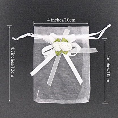 SumDirect Rose Organza Gift Bags - 50Pcs 4x5 inch White Wedding Favor Gift Bags, Jewelry Pouches with Drawstring for Party Wedding Christmas Valentine - color: White