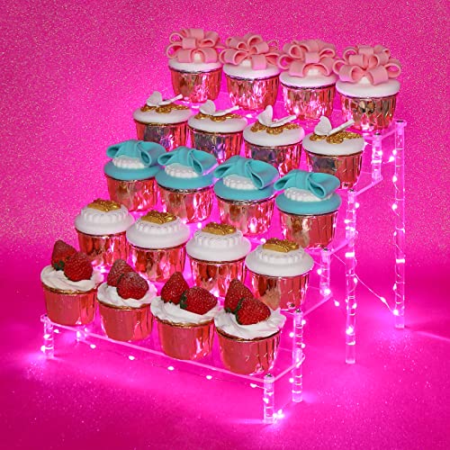 5 Tier Acrylic Risers - Acrylic Display Stands with Pink LED Light - color: Clear with Pink Light