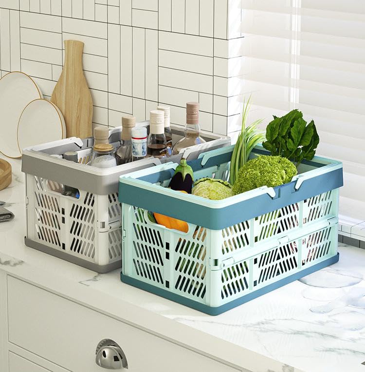 2-Pack Foldable Storage Baskets, 20L Collapsible Crates PP Grey+Blue - color: Grey + Blue