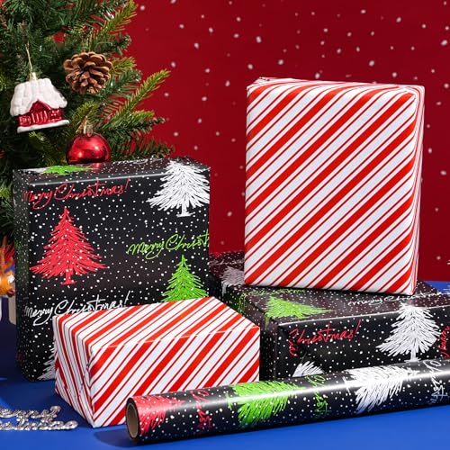 ZINTBIAL Christmas Tree Reversible Wrapping Paper Roll - Gift Wrap with Red & White Stripes on Reverse - Perfect for Holidays, Birthdays, and Halloween - 17.5 in x 33 ft (48 sq. ft) - color: Blcak-Christmas Tree