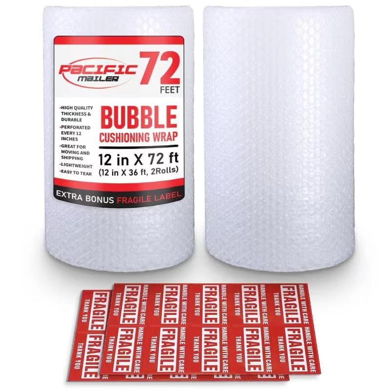 Bubble Cushioning Wrap Pacific Mailer 5/16 Inch x 12 Inch x 72Feet Total [2 Rolls of 36 Feet] Bubble Cushioning Wrap for Packing Moving Supplies Perforated Every 12" - size: 2 Rolls of 12in x 5/16in x 36ft (Total 72ft)