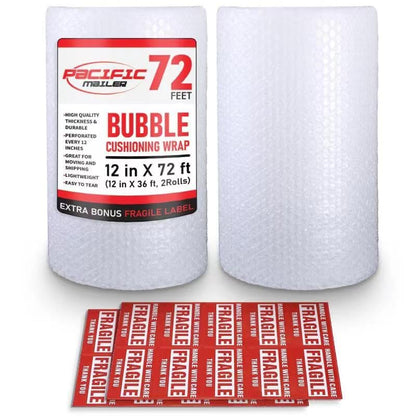 Bubble Cushioning Wrap Pacific Mailer 5/16 Inch x 12 Inch x 72Feet Total [2 Rolls of 36 Feet] Bubble Cushioning Wrap for Packing Moving Supplies Perforated Every 12" - size: 2 Rolls of 12in x 5/16in x 36ft (Total 72ft)