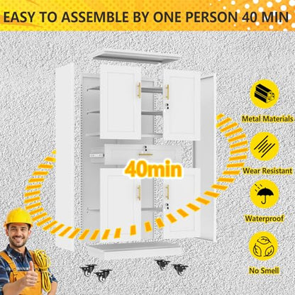 pozdeg 74" White Lockable Rolling Metal Garage Storage Cabinet - color: White