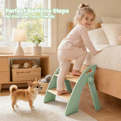Wooden 2 Step Stool for Toddlers, Foldable 2-Step with Non-Slip Pads and Handles, Bamboo Step Stool for Kids Bathroom Sink and Potty Training, Kitchen Helper, Nursery Bedroom (Green) - color: Green