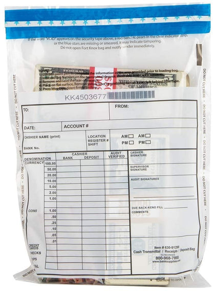 BankSupplies Ultima Blue Cash Transmittal Bags 9W x 12H Pack of 500 Captive Flap Closure Tamper Evident Tape Write-On Panel Heat Cold and Moisture Detection Deposit Plastic Bags - color: Clear, size: 9 x 12 inches | Case of 500