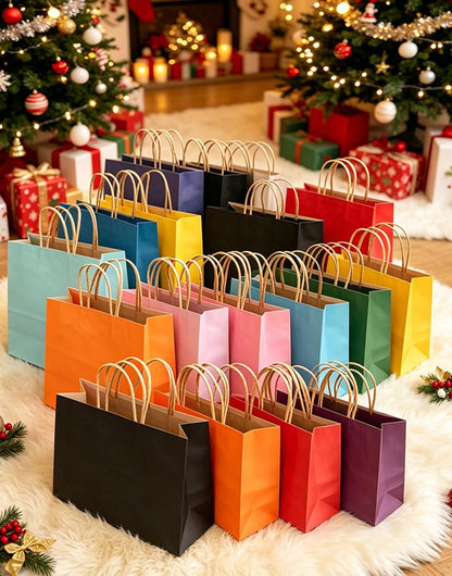 qiqee 100Pcs Wide Large Paper Gift Bags with Handles - 13"x4.5"x10" Kraft Small Party Bags - 16 Solid Colors - size: 100 Count (Wide Size)