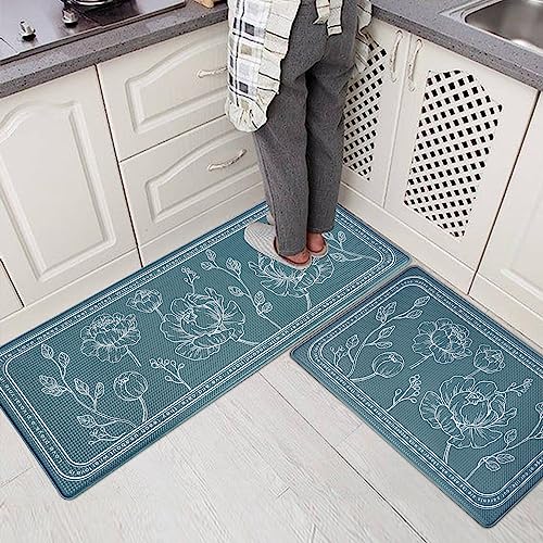 Kitchen Floor Mat Set of 2, Anti Fatigue Kitchen Mat 17"x59"+17"x29" - color: Teal, size: 17"x59"+17"x29"
