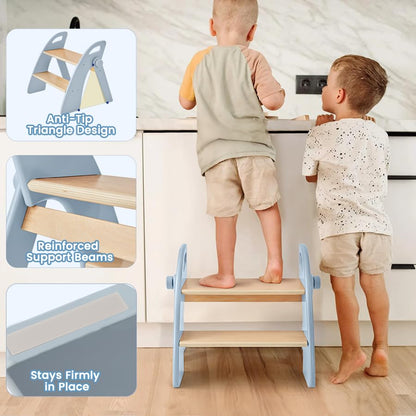 Wooden 2 Step Stool for Toddlers, Foldable 2-Step with Non-Slip Pads and Handles, Bamboo Step Stool for Kids Bathroom Sink and Potty Training, Kitchen Helper, Nursery Bedroom(Blue) - color: Blue