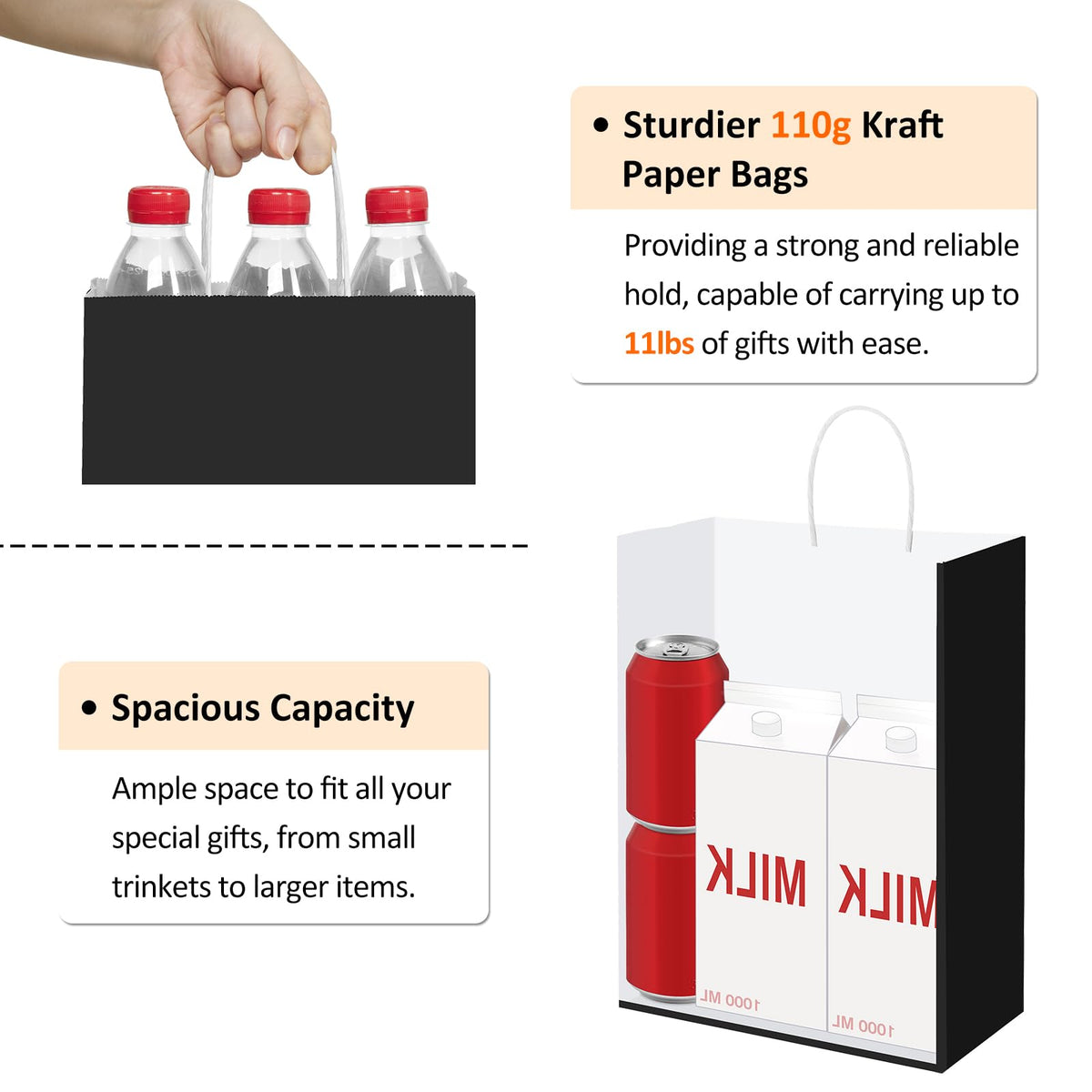 BagDream Gift Paper Bags with Handles 10x5x13 Inch Dark Black 100 Pack Bulk - color: Dark Black