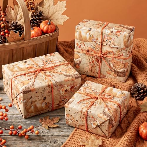 WRAPAHOLIC Kraft Fall Wrapping Paper Roll - Mini Roll - 17 Inch x 16.5 Feet - Cat, Autumn Maple Leaves, Pumpkin Wrapping Paper for Autumn, Thanksgiving, Party, Holiday - color: Cat & Maple Leaves