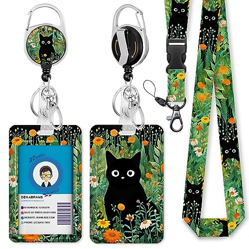 Immaturus Cat Lanyards for ID Badges, Badge Holder Retractable Reel Clip - color: Flower Cat