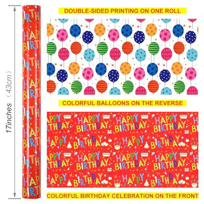 Ulmasinn Birthday Wrapping Paper Roll, 17" x 33', Double Sided Happy Birthday & Balloon Design, Thick 80gsm Gift Wrap for Kids, Boys, Girls and Adults, Mini Roll for Small to Medium Birthday Gifts - color: Birthday red