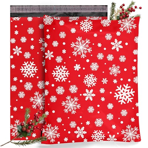 Shop4Mailers Christmas Poly Mailers 10x13 Inch – 100 Pack Snowflake Waterproof Shipping Bags for Small Business, 2 Mil Self-Seal Mailing Envelopes, Durable Red Poly Mailers for Holiday Packaging - size: 100 Pack