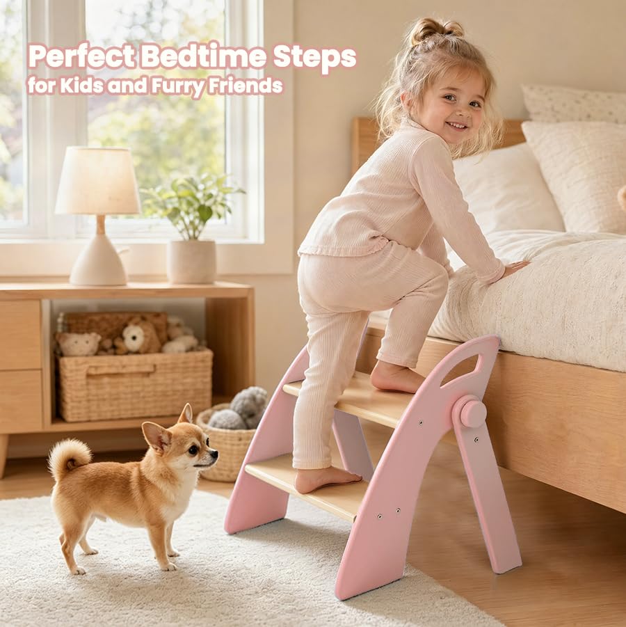 Wooden 2 Step Stool for Toddlers, Foldable 2-Step with Non-Slip Pads and Handles, Bamboo Step Stool for Kids Bathroom Sink and Potty Training, Kitchen Helper, Nursery Bedroom (Pink) - color: Pink