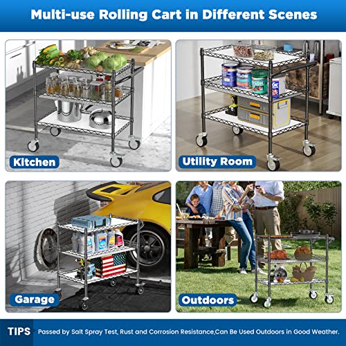 Leteuke 3 Tier Rolling Carts with Wheels, Heavy Duty Rolling Utility Cart - color: Matte Black