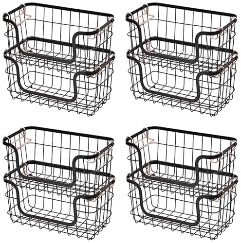 Amazon Basics Stackable Metal Wire Rectangular Storage Baskets for Kitchen, Bathroom or Pantry Organizing, 2 Count, Black (Pack of 4) - size: Pack of 4