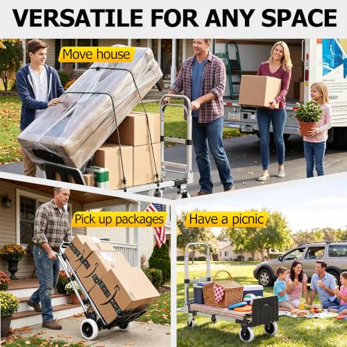 3 in 1 Folding Hand Truck, 600lbs Capacity, Heavy Duty Convertible Dolly with Retractable Handle and 4 Rubber Wheels, Collapsible Cart for Moving Home, Office, Warehouse - Silver - color: Silver-600