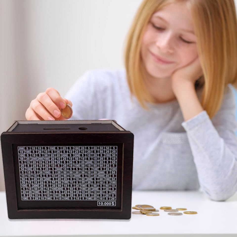 Money Saving Box Piggy Bank, Cash Coin Retro Money Savings Box with Counter for Savings Goal with Dry Erase Pen, Cash Vault Wooden Challenge Box for Boys and Girls ($10000, Brown) - color: Brown