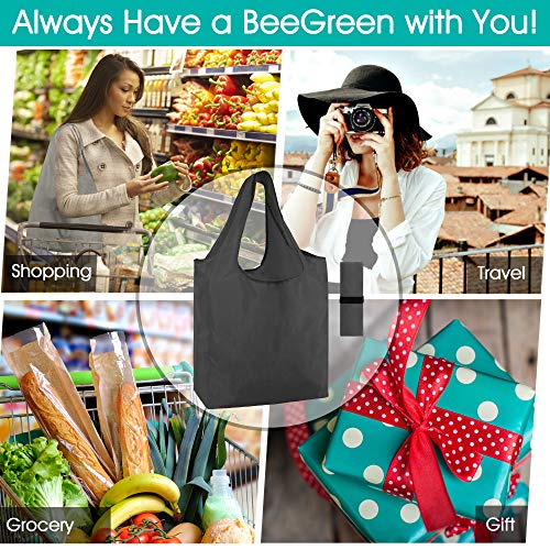 BeeGreen 10 Pack Black Reusable Grocery Bags with Storage Pouch Reusable Shopping Bags Bulk with Elastic Band 50LBS X-Large-Foldable-Washable-Heavy Duty-Waterproof Grocery Tote Bags - color: Solid Black