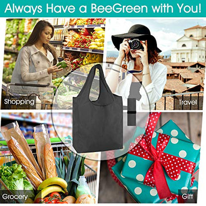 BeeGreen 10 Pack Black Reusable Grocery Bags with Storage Pouch Reusable Shopping Bags Bulk with Elastic Band 50LBS X-Large-Foldable-Washable-Heavy Duty-Waterproof Grocery Tote Bags - color: Solid Black