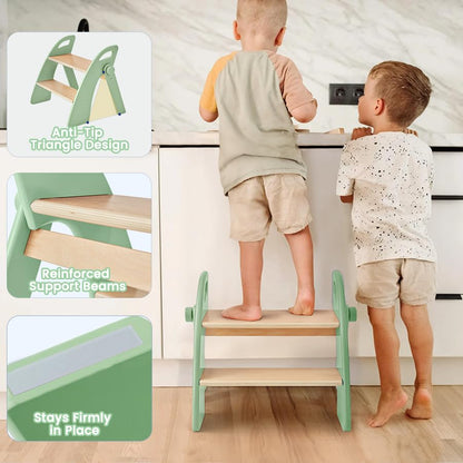 Wooden 2 Step Stool for Toddlers, Foldable 2-Step with Non-Slip Pads and Handles, Bamboo Step Stool for Kids Bathroom Sink and Potty Training, Kitchen Helper, Nursery Bedroom (Green) - color: Green