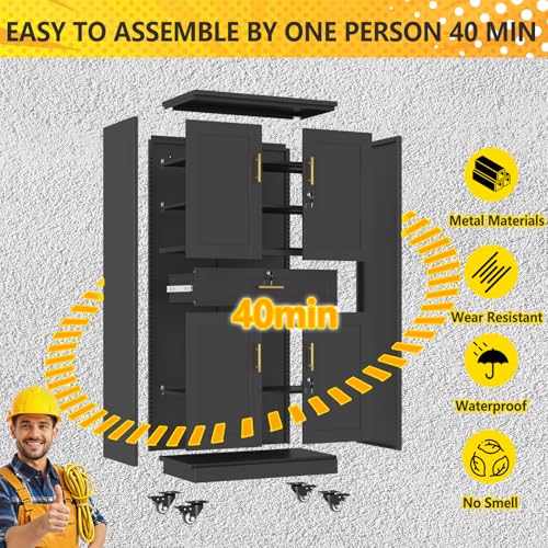 pozdeg 74" Black Lockable Rolling Metal Garage Storage Cabinet - color: Black